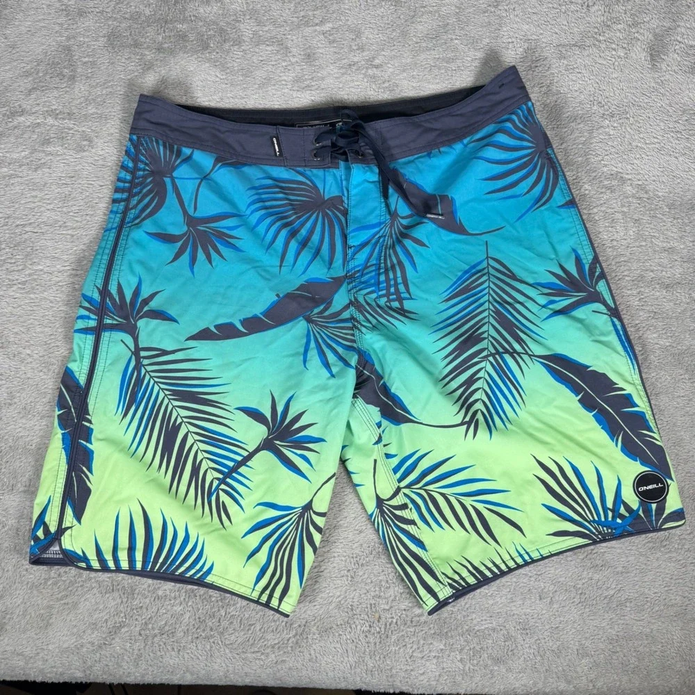O'Neill Hyperfreak Board Shorts Mens 32 Blue Green Tropical Palm Beach Surf